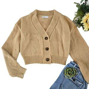 NEW Aster Women's Cardigan Sweater Size Medium Tan Cropped Retro Grandpa Buttons